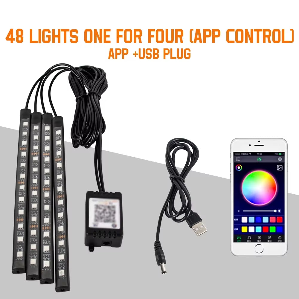 Neon 36 48 72 LED Car Interior Ambient Foot Light Wireless Remote Music APP Control Auto RGB Atmosphere Decorative Lamp