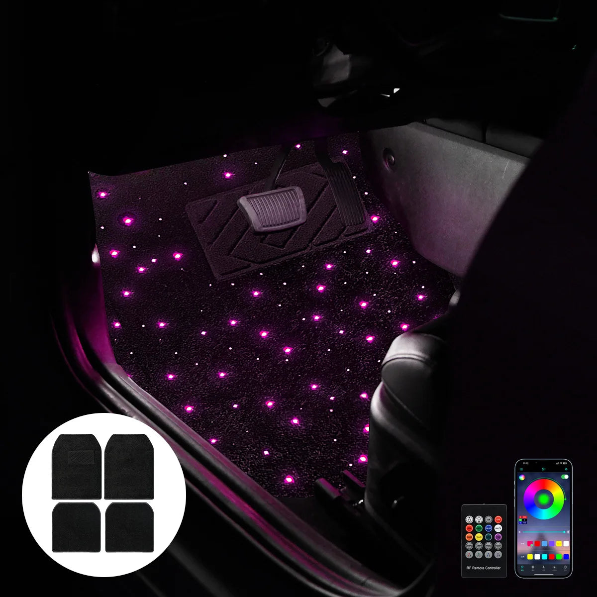Fiber Optic Twinkle Stars Car Mats Waterproof Star Light Car LED Rugs with APP Remote Control Light Effect
