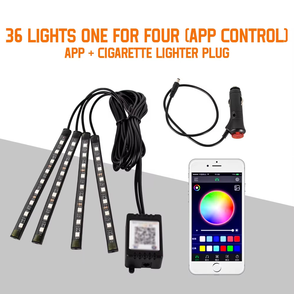 Neon 36 48 72 LED Car Interior Ambient Foot Light Wireless Remote Music APP Control Auto RGB Atmosphere Decorative Lamp