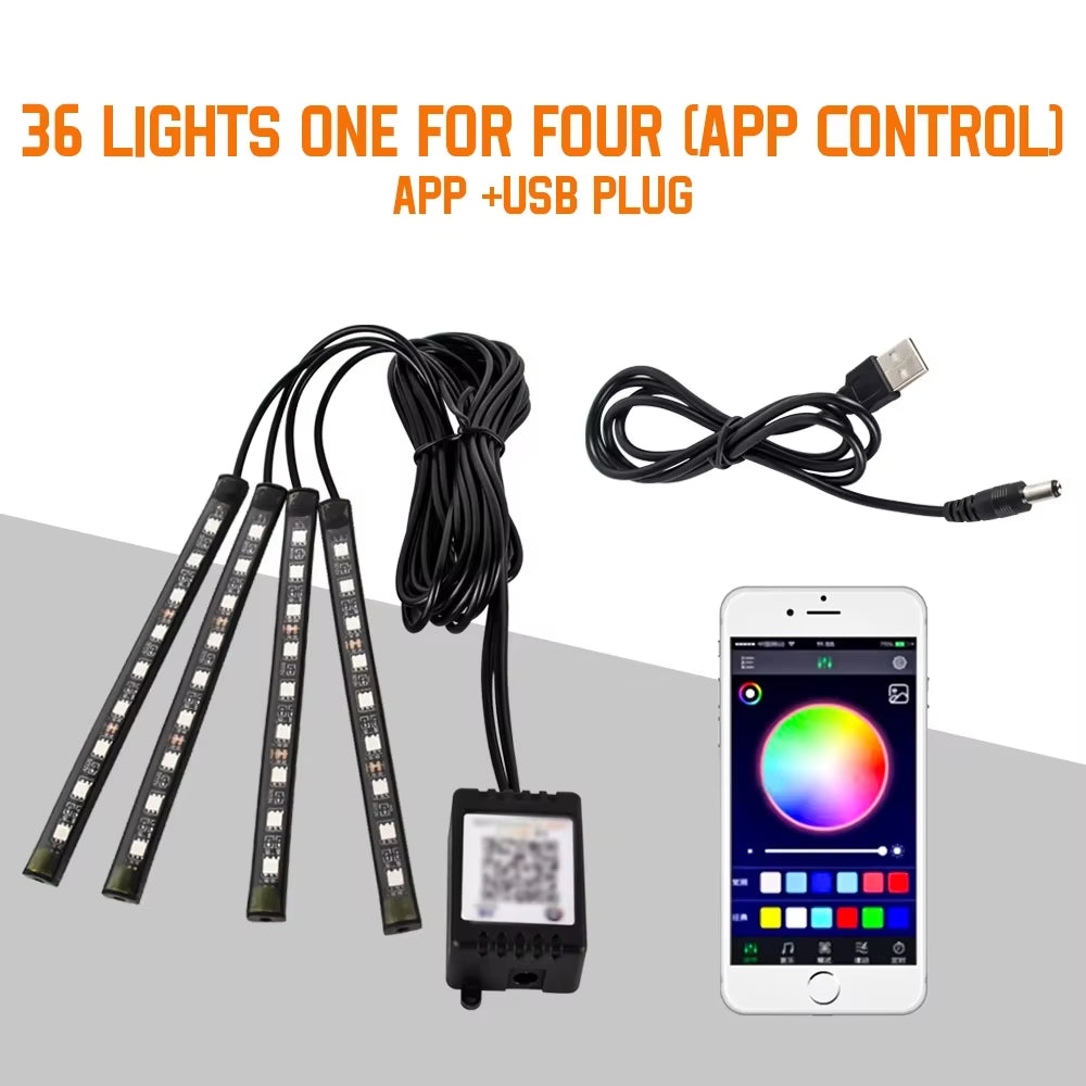Neon 36 48 72 LED Car Interior Ambient Foot Light Wireless Remote Music APP Control Auto RGB Atmosphere Decorative Lamp