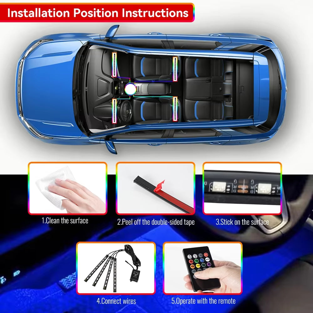 Neon 36 48 72 LED Car Interior Ambient Foot Light Wireless Remote Music APP Control Auto RGB Atmosphere Decorative Lamp